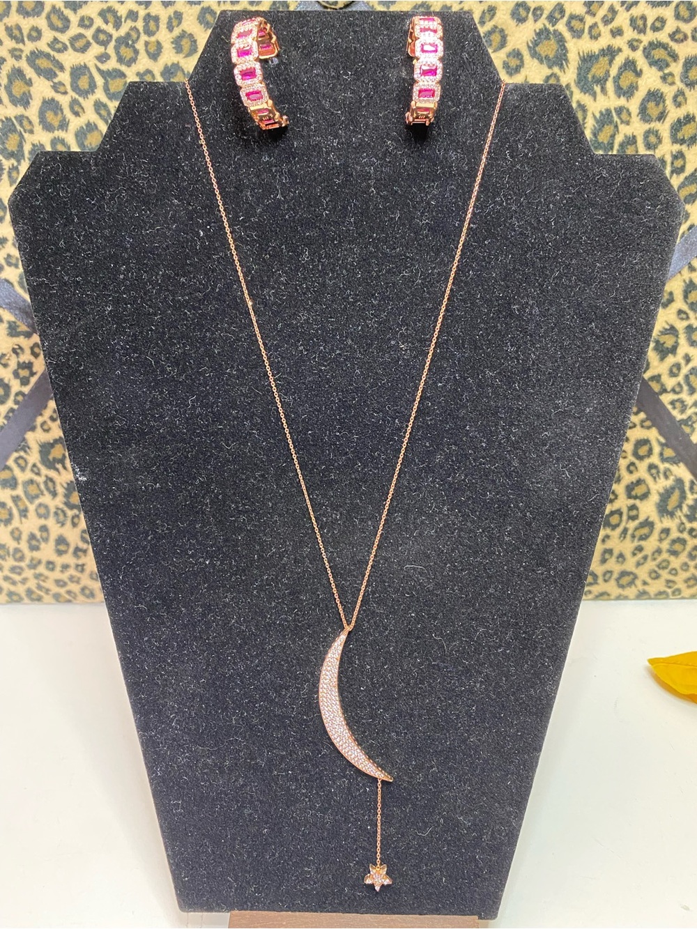925 Rose Gold Crescent Celestial Moon Ruby Rhinestone Necklace and Earrings Set
